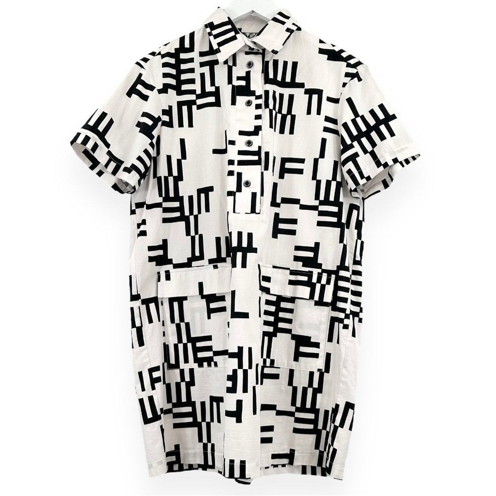 Dusen Dusen White & Black Printed Cotton Button Up Mini Shirt Dress sz L